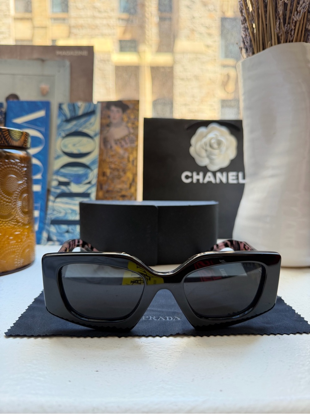 Prada Black Frame Sunglasses with Pink & Olive Tortoiseshell Temples
